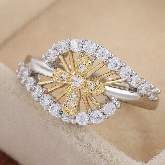 Gorgeous Two-Tone Gold Sterling Silver Diamond Cross Ring - Picture 3 of 5